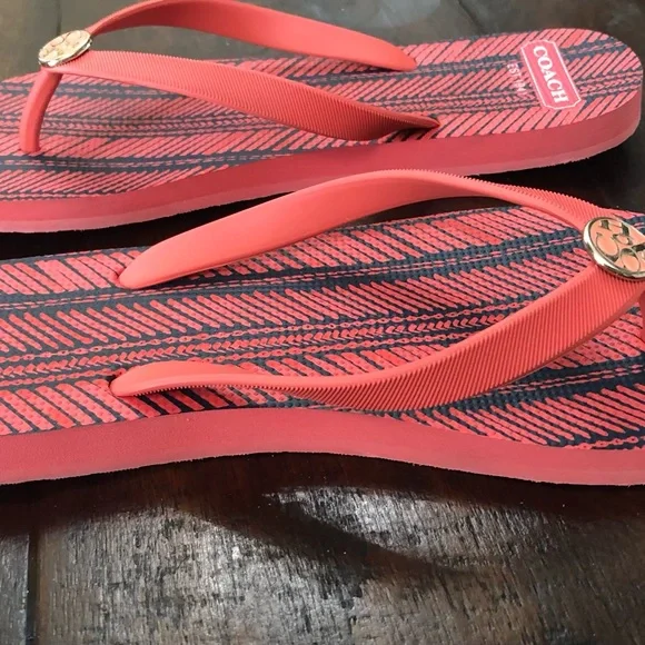 Coach Stripe Plaid Peachy Red and Black Designer Flip Flops - Picture 7 of 7